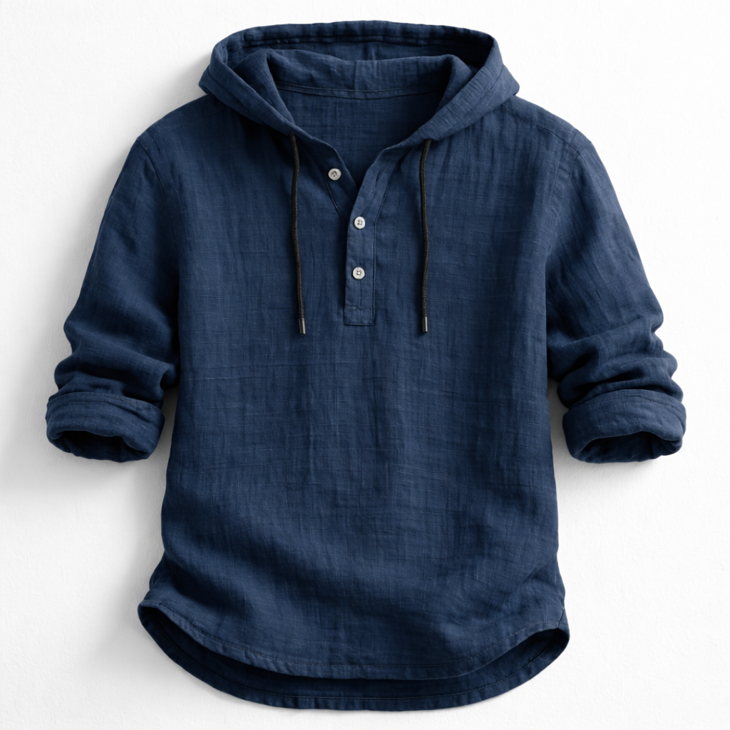 Men's Hooded Linen Shirt - Dark Blue