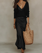 Women's Satin Midi Dress with Sweater Elegant and Versatile - Black