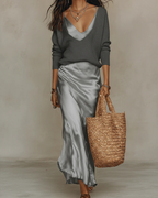 Women's Satin Midi Dress with Sweater Elegant and Versatile - Gray
