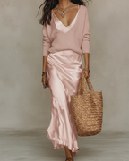 Women's Satin Midi Dress with Sweater Elegant and Versatile - Pink