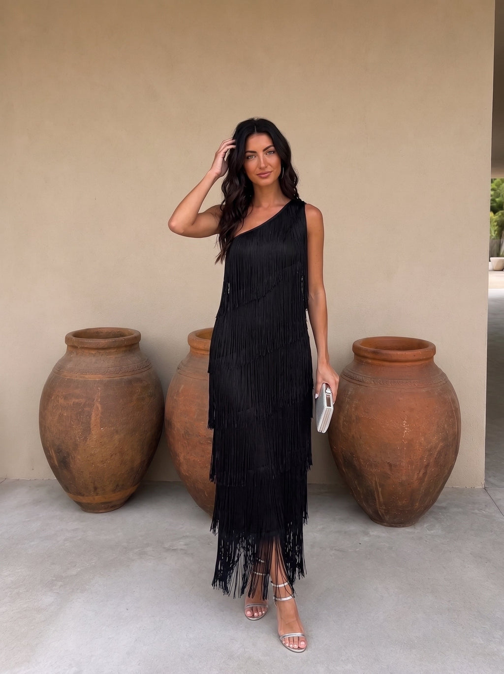 Women's Elegant Fringe Wedding Guest Dress - Black