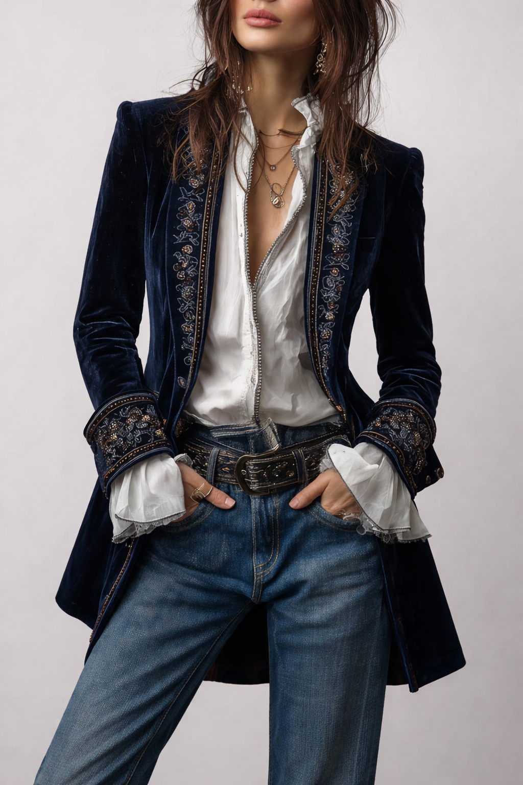 Women's Elegant Vintage Long Jacket - Navy Blue