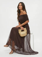 Women's Draped Shoulder Wedding Guest and Formal Maxi Dress