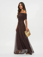 Women's Draped Shoulder Wedding Guest and Formal Maxi Dress