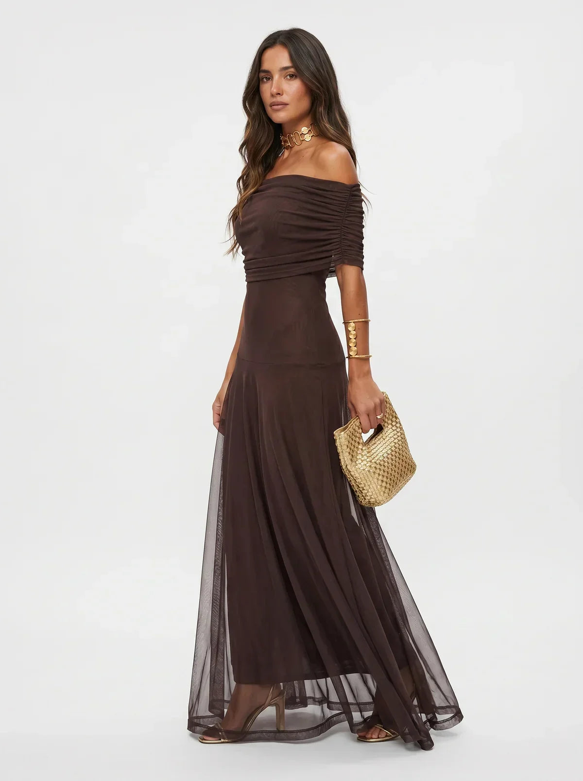 Women's Draped Shoulder Wedding Guest and Formal Maxi Dress