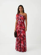 Women's Draped Shoulder Wedding Guest and Formal Maxi Dress - Red