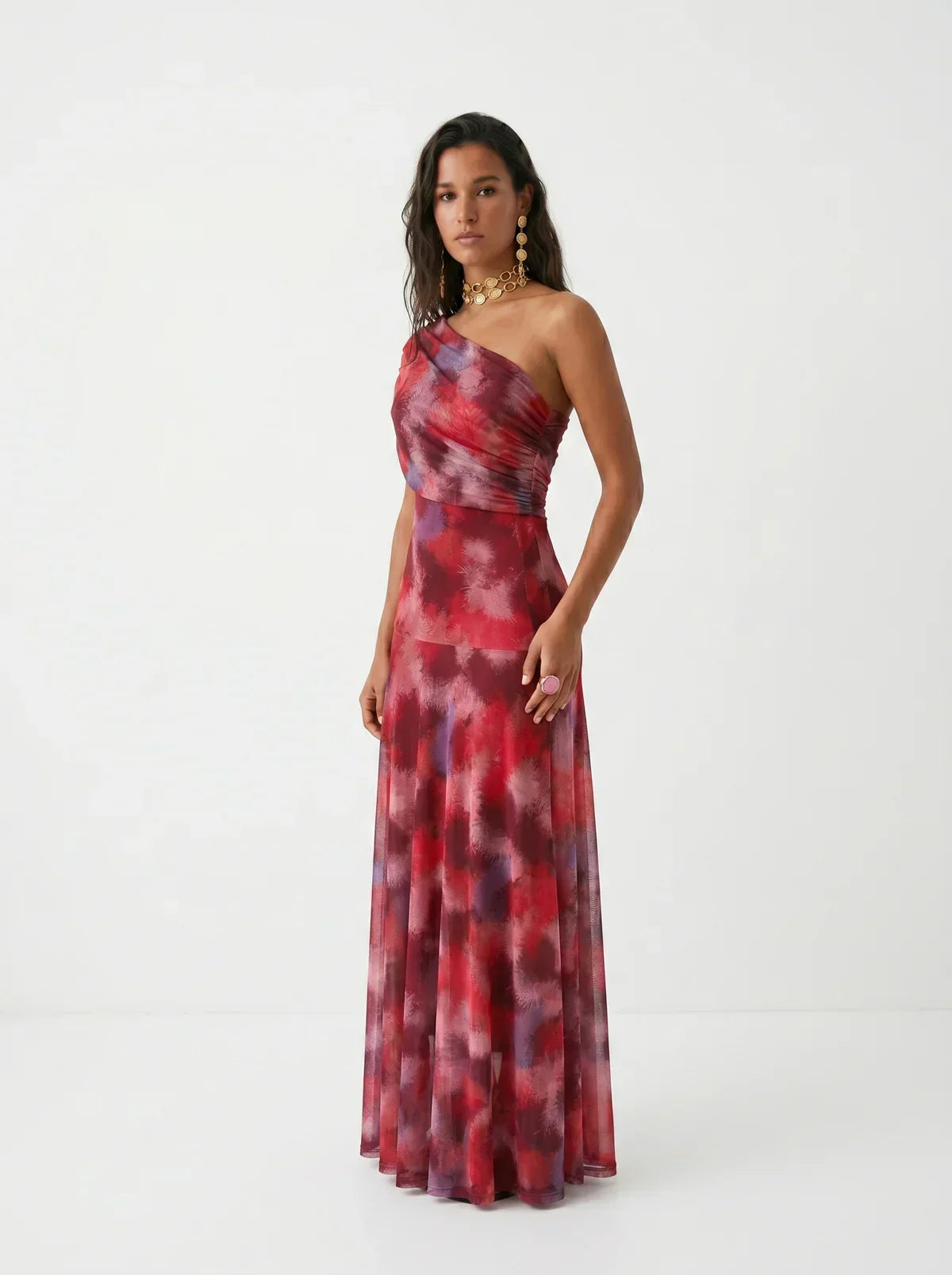 Women's Draped Shoulder Wedding Guest and Formal Maxi Dress