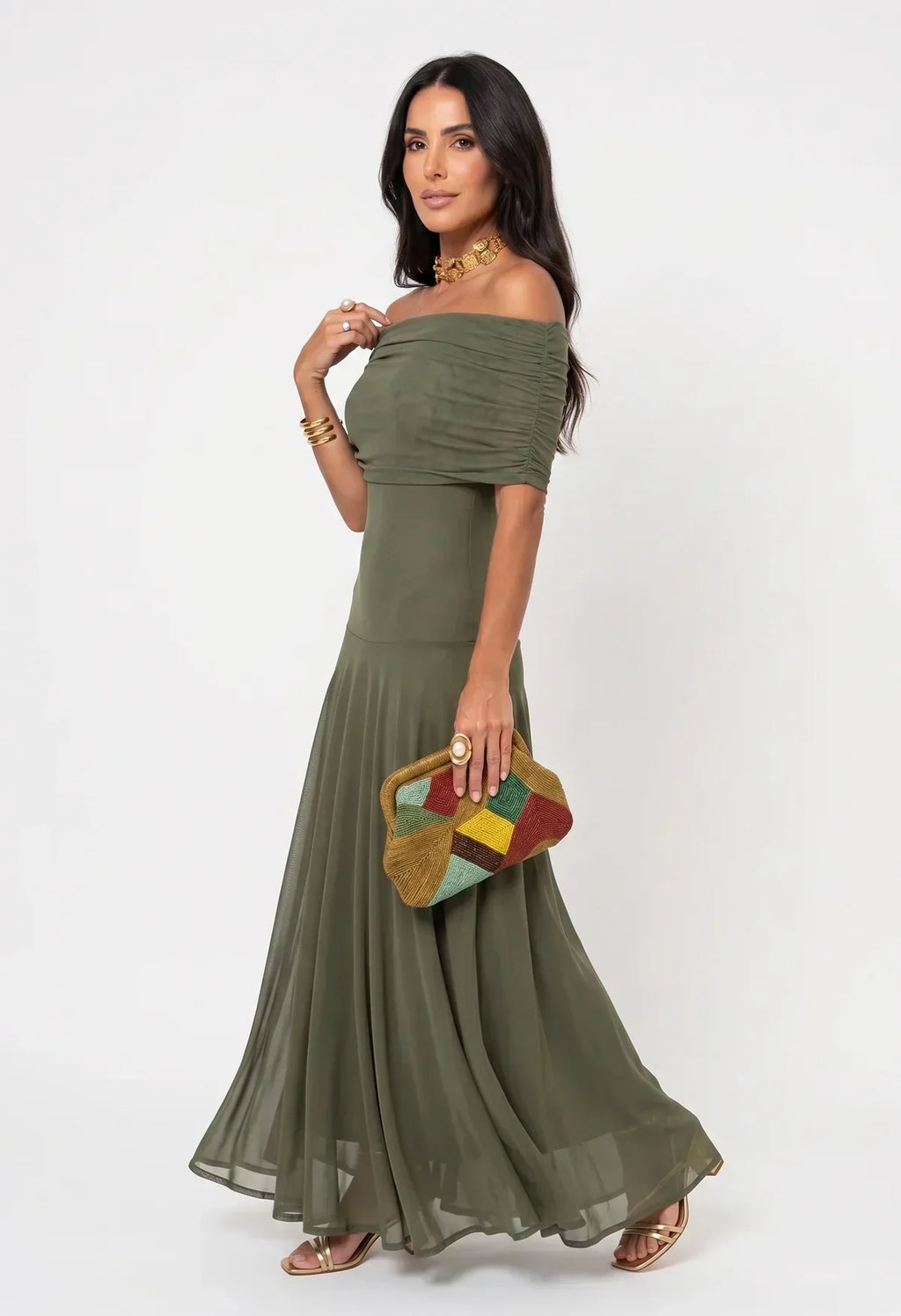 Women's Draped Shoulder Wedding Guest and Formal Maxi Dress
