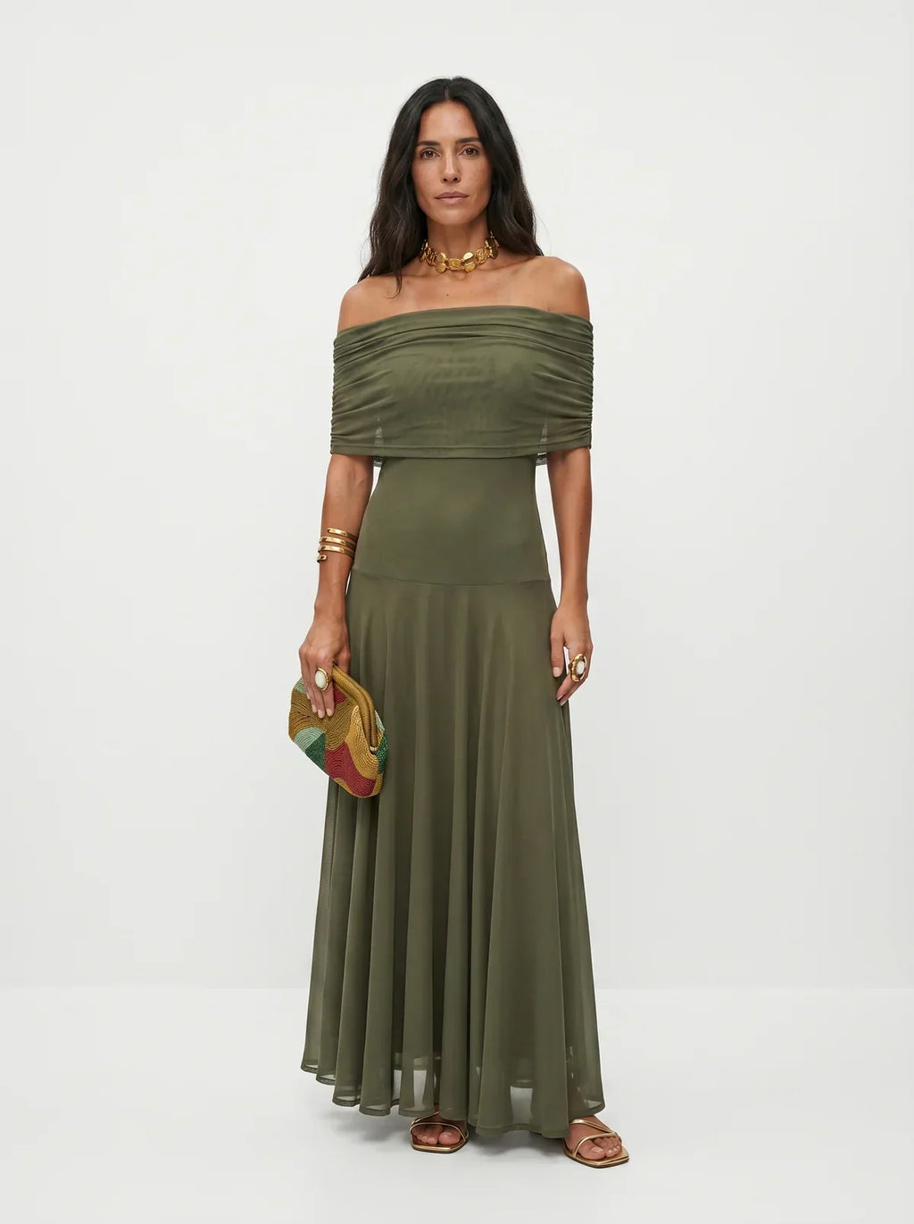 Women's Draped Shoulder Wedding Guest and Formal Maxi Dress - Green