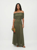 Women's Draped Shoulder Wedding Guest and Formal Maxi Dress - Green