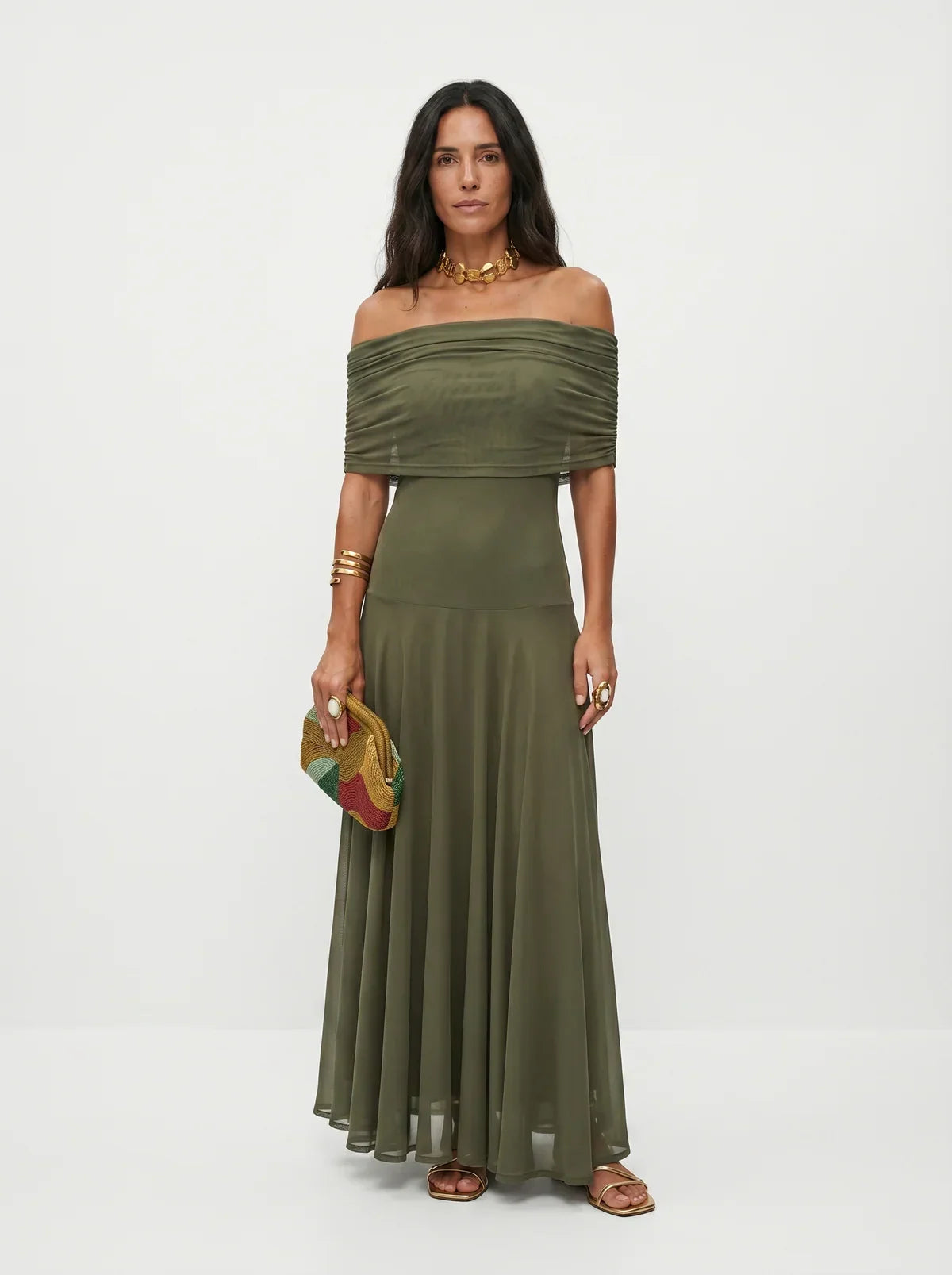 Women's Draped Shoulder Wedding Guest and Formal Maxi Dress - Green