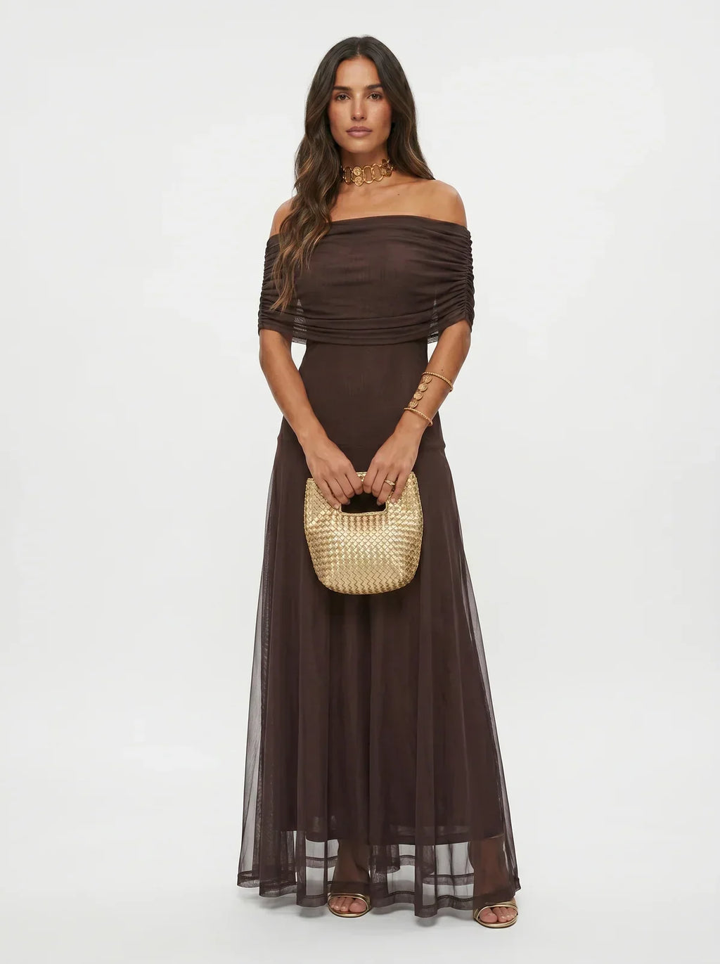 Women's Draped Shoulder Wedding Guest and Formal Maxi Dress - Dark Brown