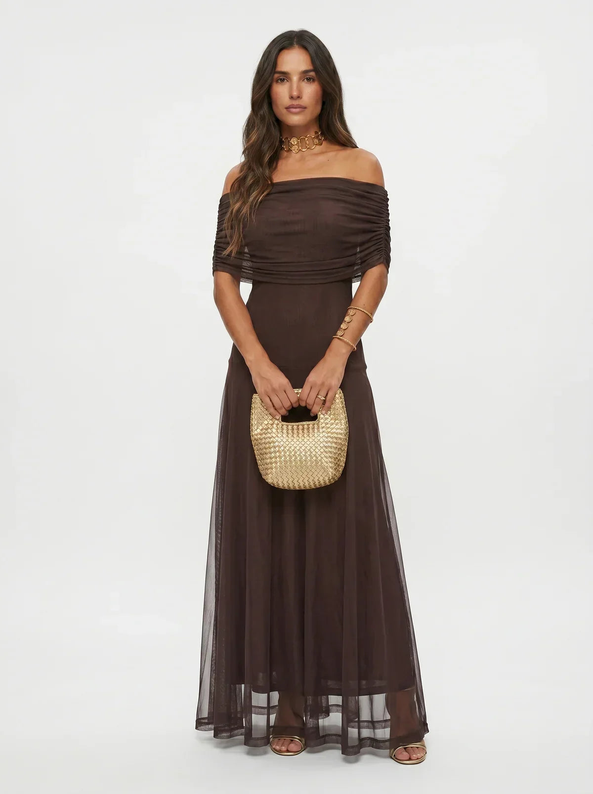 Women's Draped Shoulder Wedding Guest and Formal Maxi Dress - Dark Brown