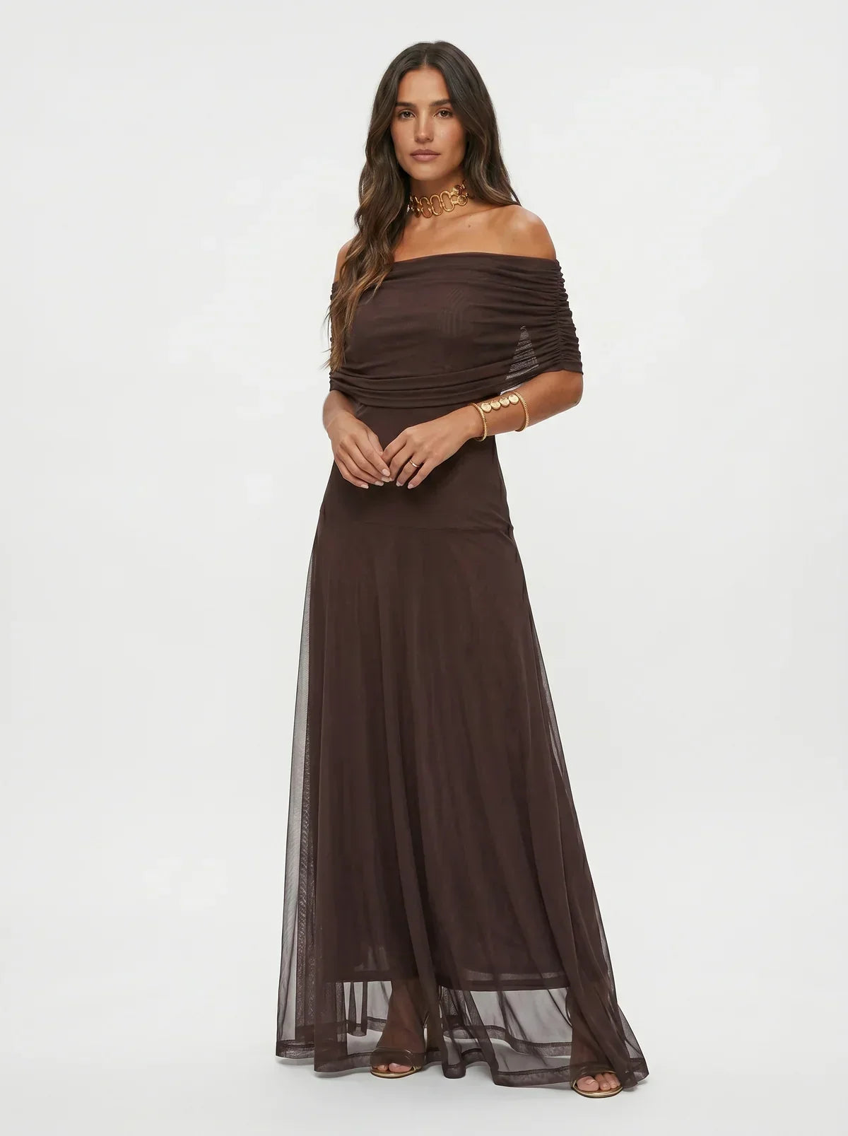 Women's Draped Shoulder Wedding Guest and Formal Maxi Dress