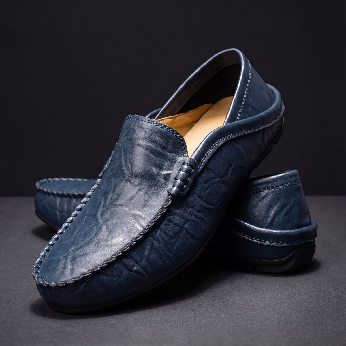 Men's Elegant Leather Loafers - Navy Blue