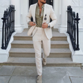 Men's Slim Fit Two-Piece Linen Suit with Classic Lapel - Beige