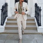 Men's Slim Fit Two-Piece Linen Suit with Classic Lapel - Beige