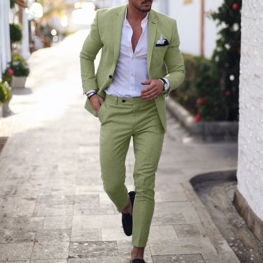 Men's Slim Fit Two-Piece Linen Suit with Classic Lapel - Light Green