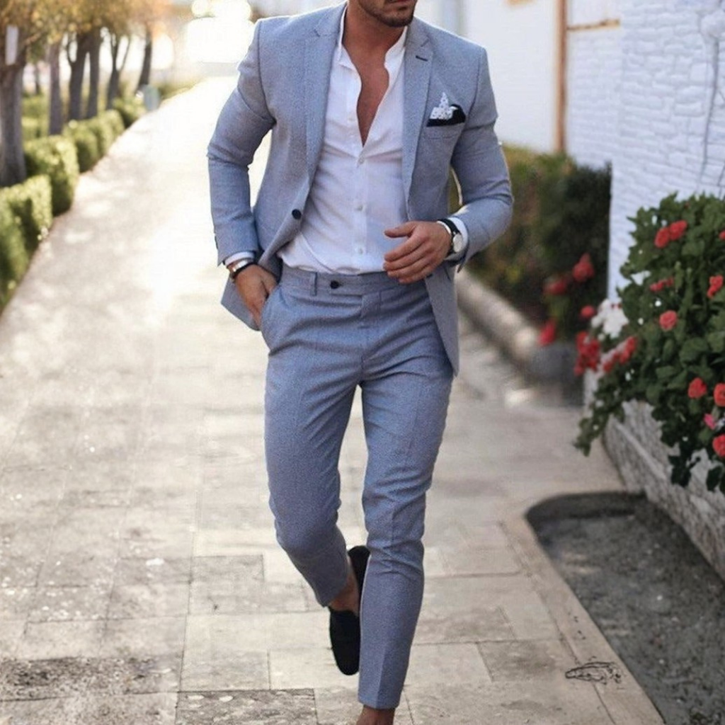 Men's Slim Fit Two-Piece Linen Suit with Classic Lapel - Light Blue