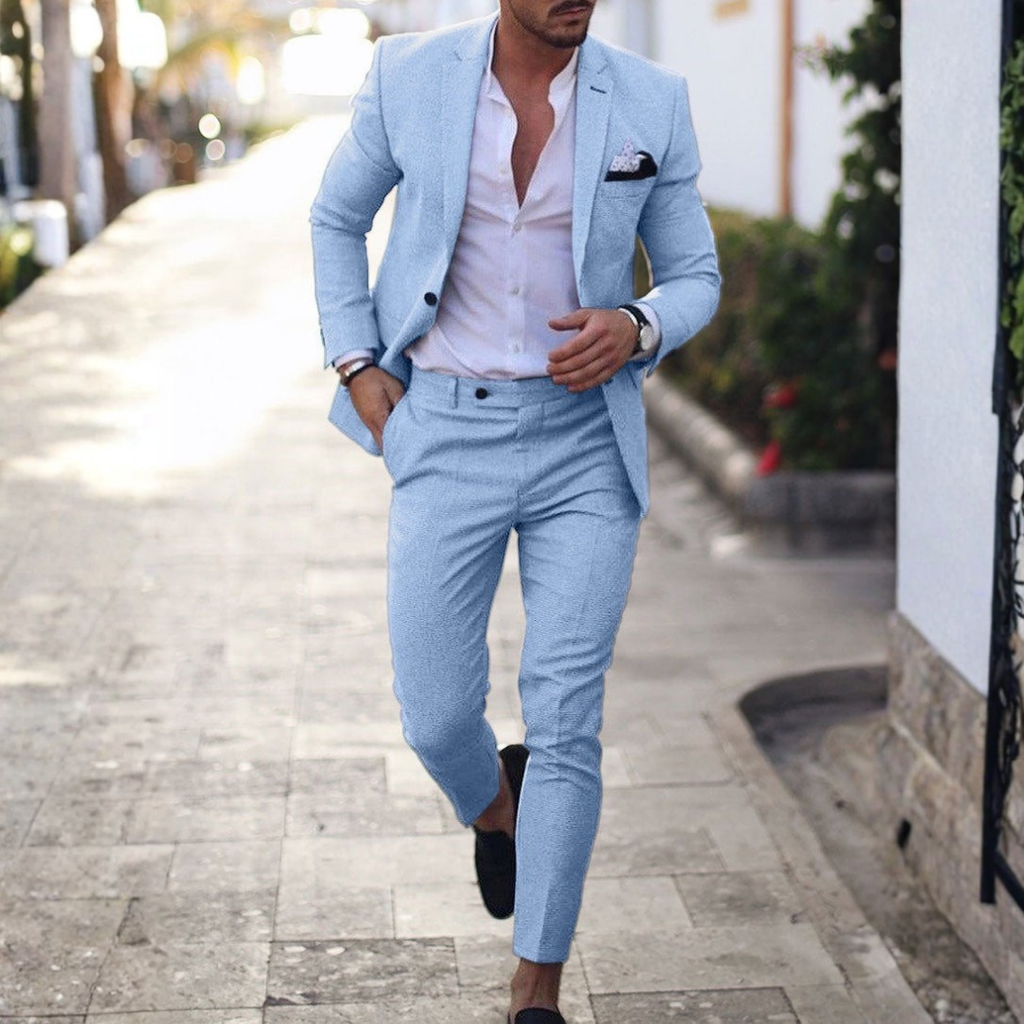 Men's Slim Fit Two-Piece Linen Suit with Classic Lapel - Baby Blue