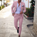 Men's Slim Fit Two-Piece Linen Suit with Classic Lapel - Pink