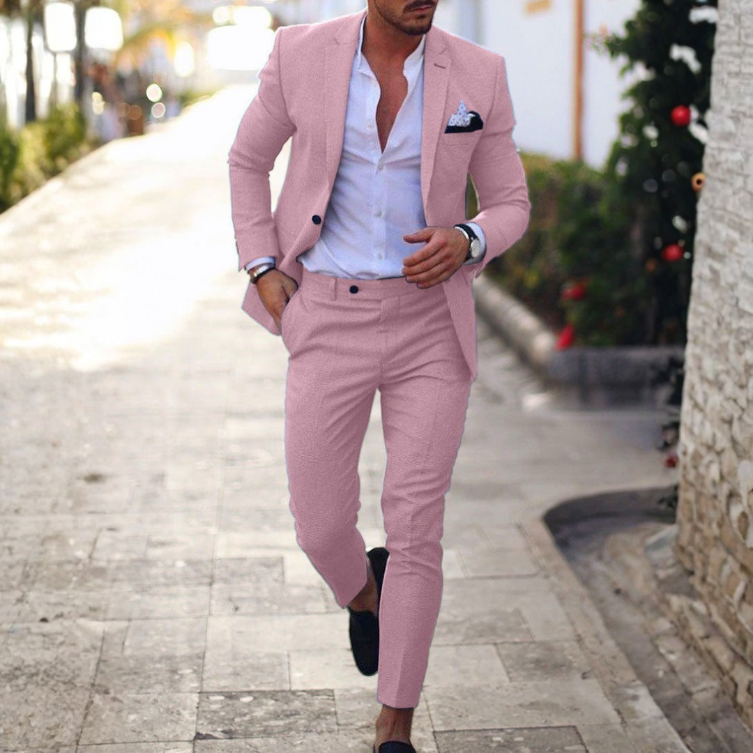 Men's Slim Fit Two-Piece Linen Suit with Classic Lapel - Pink