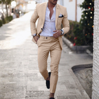 Men's Slim Fit Two-Piece Linen Suit with Classic Lapel - Yellow