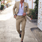Men's Slim Fit Two-Piece Linen Suit with Classic Lapel - Khaki