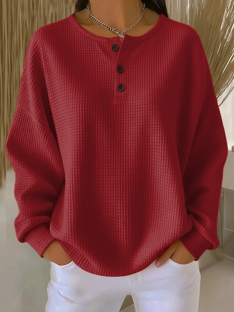 Women's Solid Waffle Knit Sweater - Red