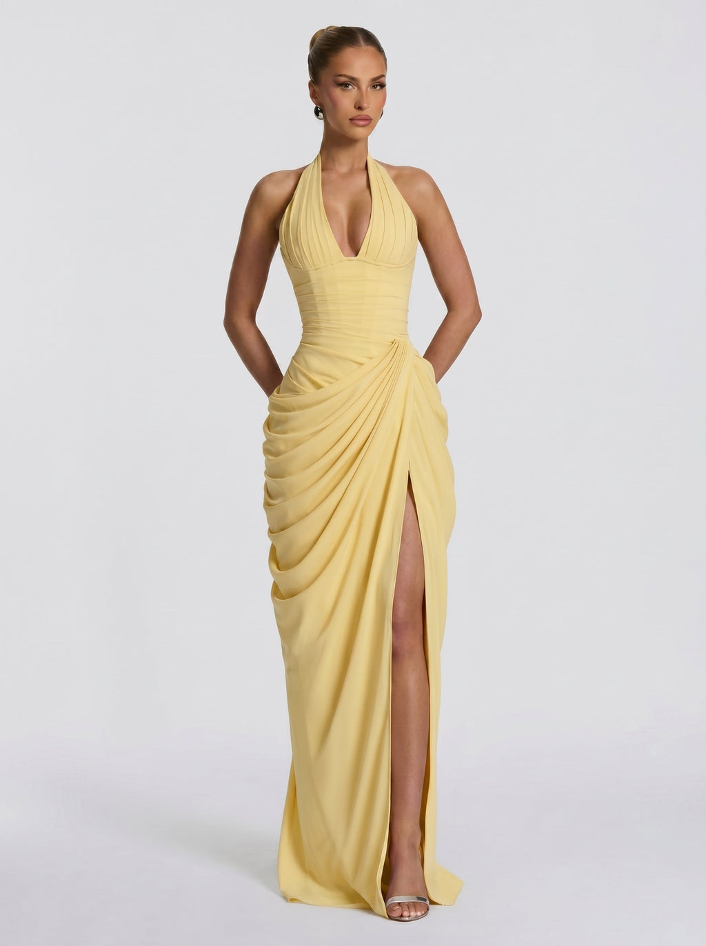 Women's Halter Neck Wedding Guest and Party Maxi Dress with Side Slit - Yellow