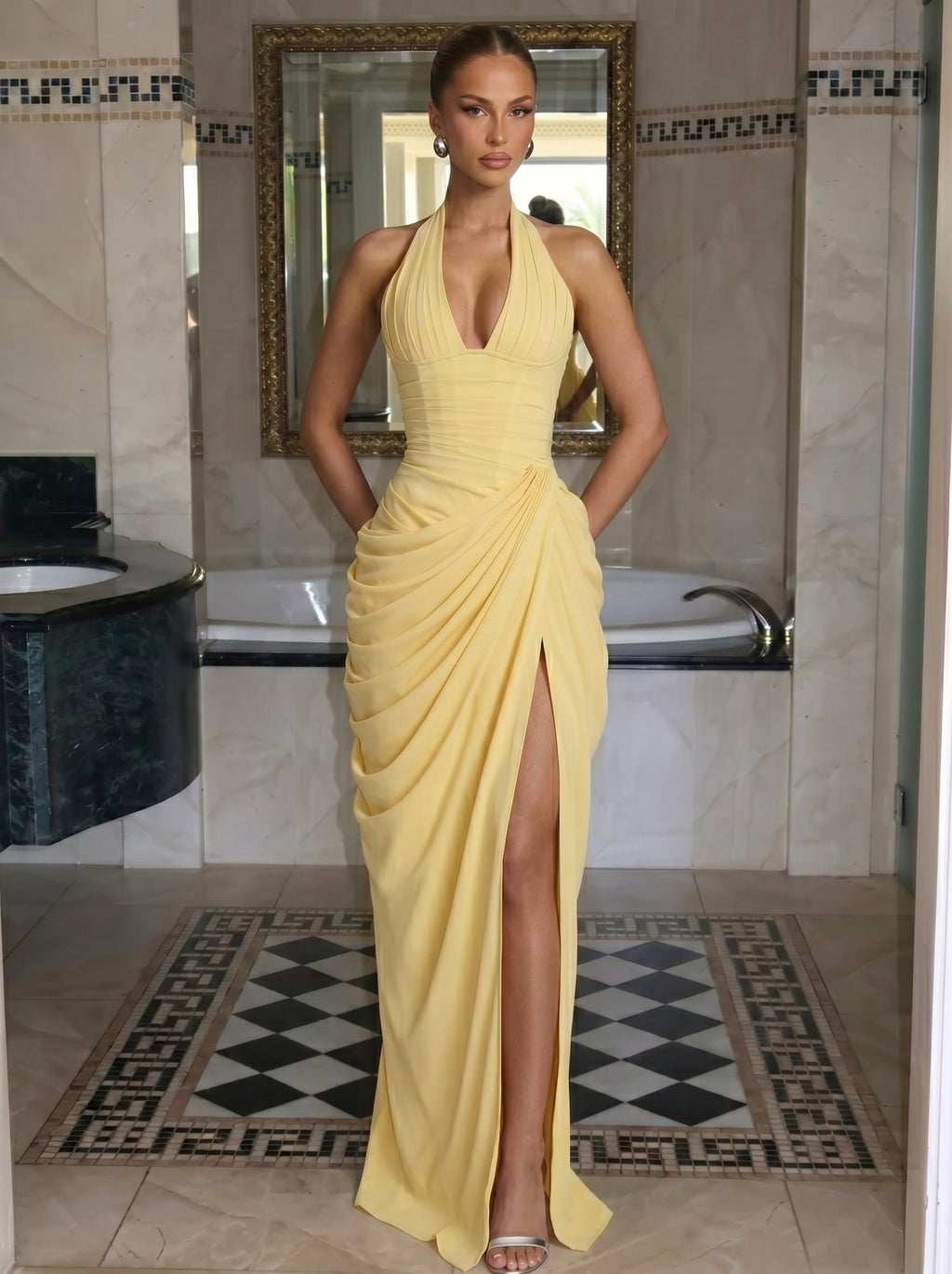 Women's Halter Neck Wedding Guest and Party Maxi Dress with Side Slit