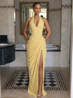 Women's Halter Neck Wedding Guest and Party Maxi Dress with Side Slit