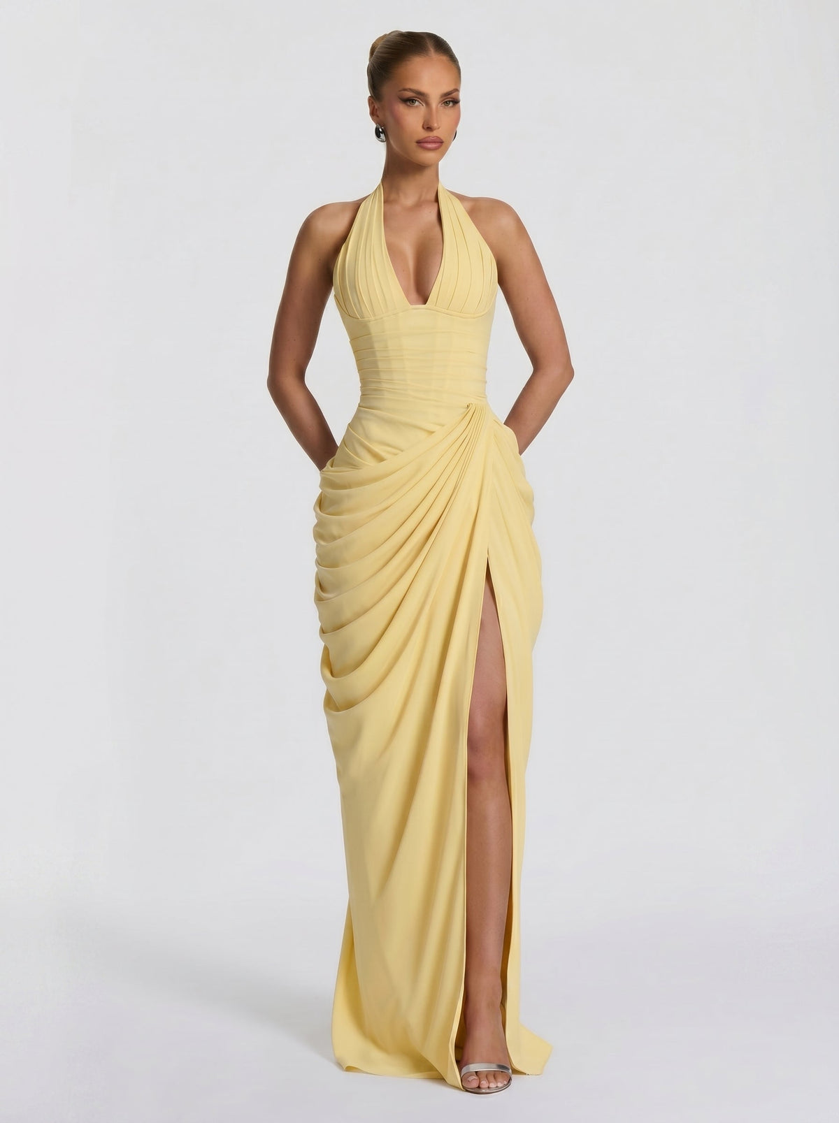 Women's Halter Neck Wedding Guest and Party Maxi Dress with Side Slit