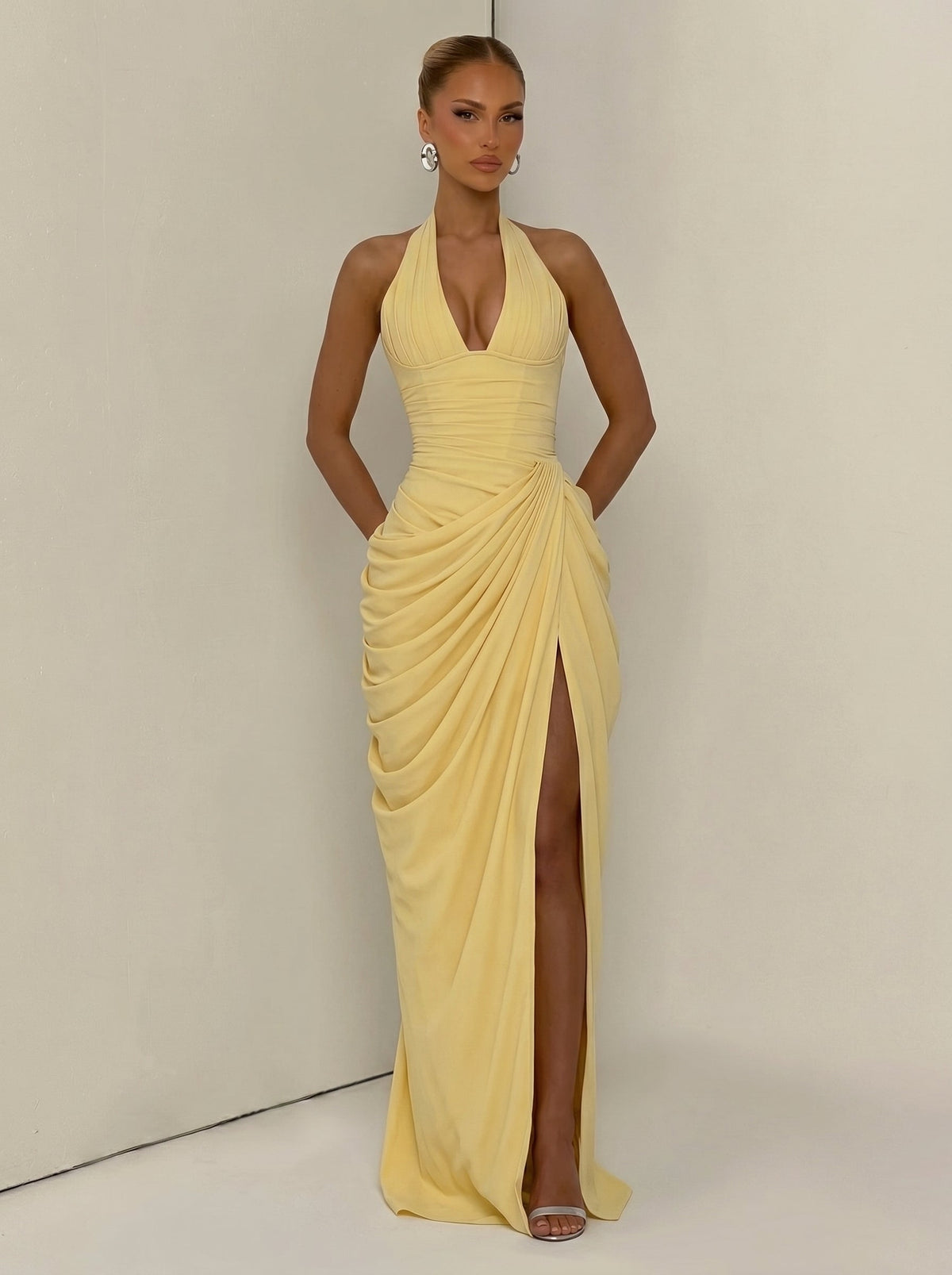 Women's Halter Neck Wedding Guest and Party Maxi Dress with Side Slit