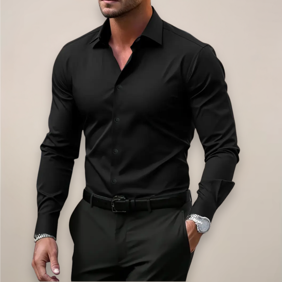 Men's Long Sleeve Button-Up Dress Shirt Classic Collar - Black