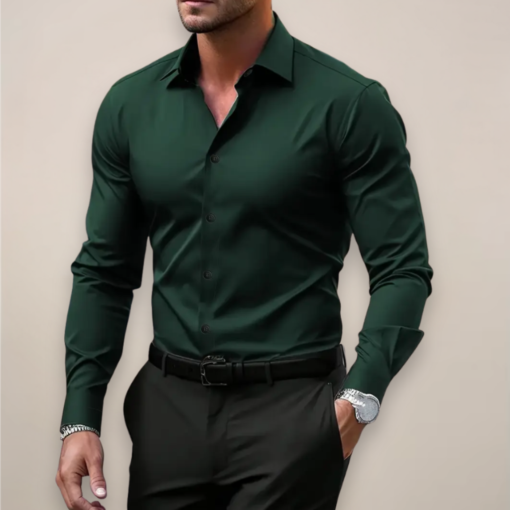 Men's Long Sleeve Button-Up Dress Shirt Classic Collar - Dark Green