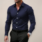 Men's Long Sleeve Button-Up Dress Shirt Classic Collar - Navy Blue