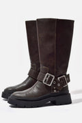 Women's Knee-High Buckle Boots - Brown