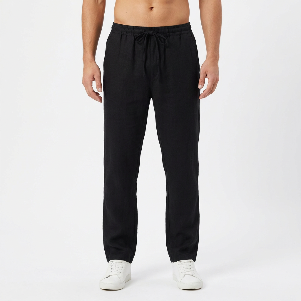 Men's Straight-Leg Linen Pants with Elastic Waist - Black