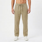 Men's Straight-Leg Linen Pants with Elastic Waist - Khaki