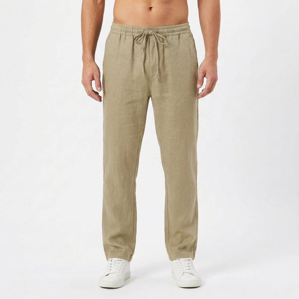 Men's Straight-Leg Linen Pants with Elastic Waist - Khaki