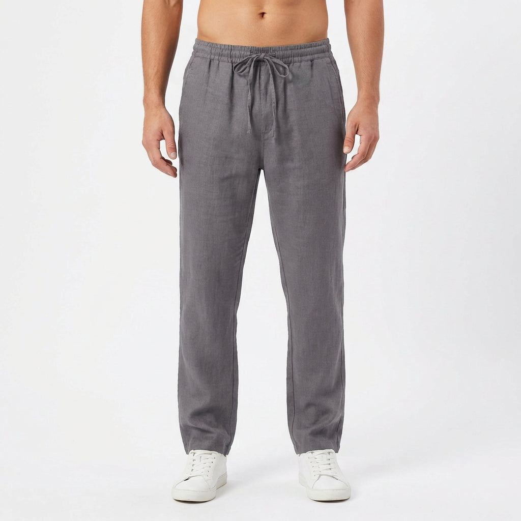 Men's Straight-Leg Linen Pants with Elastic Waist - Gray