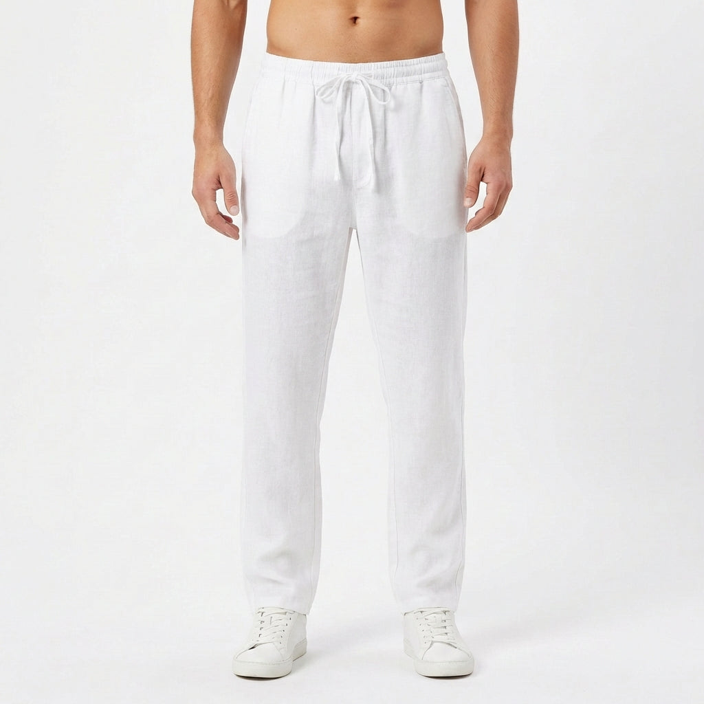 Men's Straight-Leg Linen Pants with Elastic Waist - White