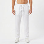 Men's Straight-Leg Linen Pants with Elastic Waist - White
