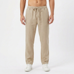 Men's Straight-Leg Linen Pants with Elastic Waist - Beige