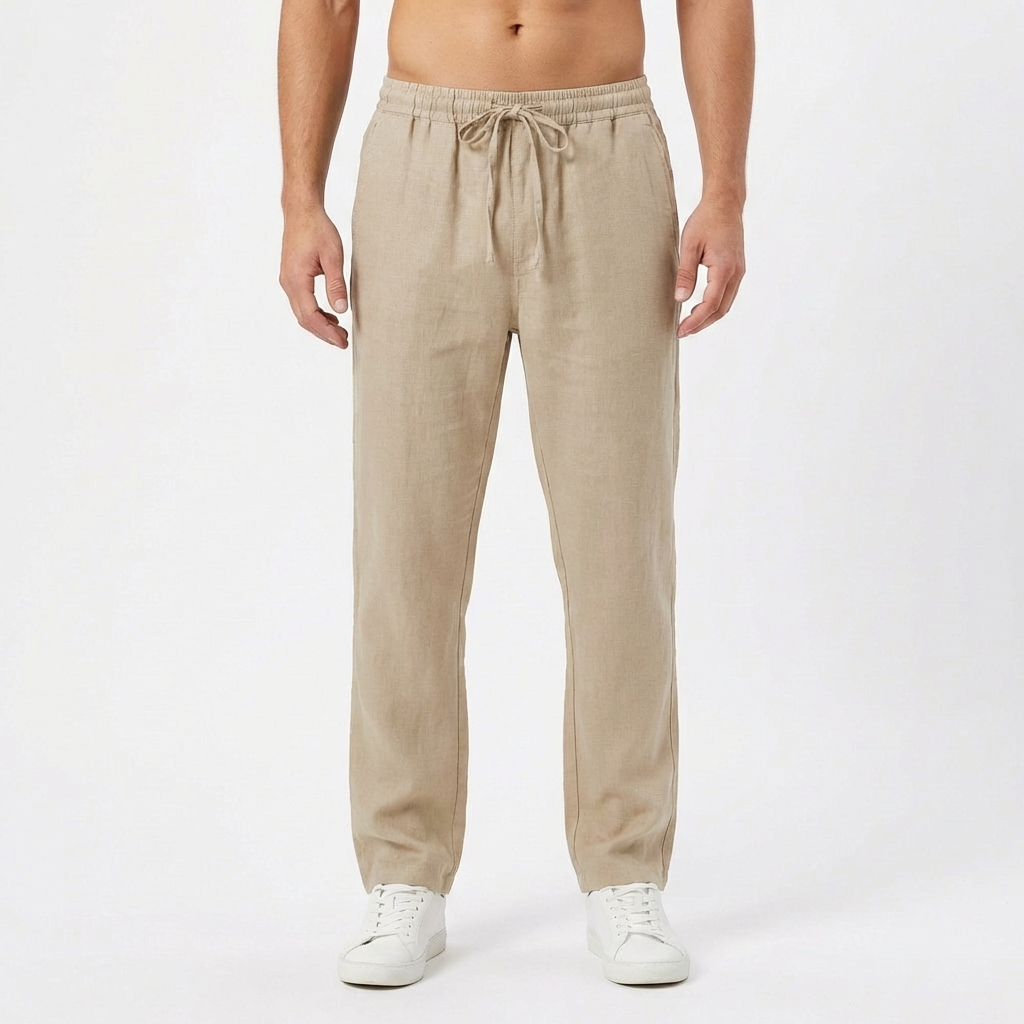Men's Straight-Leg Linen Pants with Elastic Waist - Beige