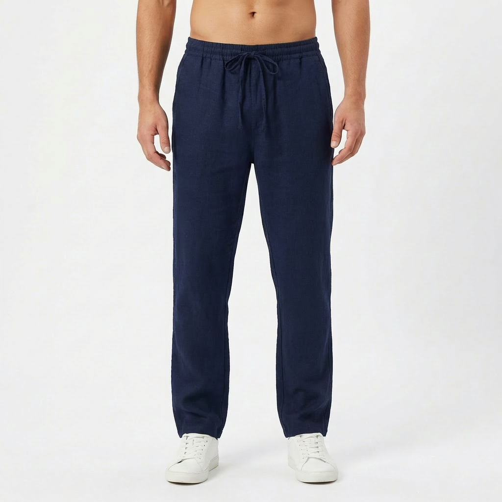 Men's Straight-Leg Linen Pants with Elastic Waist - Navy Blue