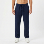 Men's Straight-Leg Linen Pants with Elastic Waist - Navy Blue