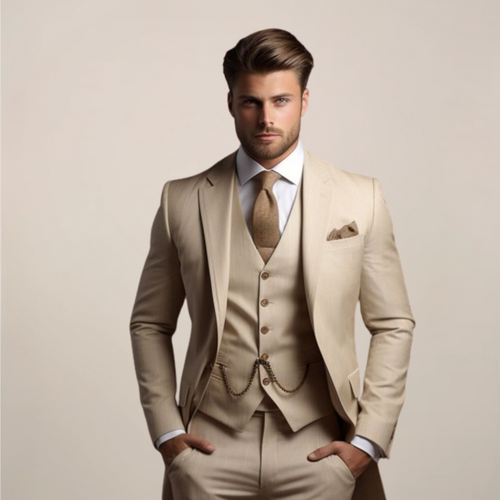 Men's Breathable Three-Piece Spring Wedding Suit - Beige
