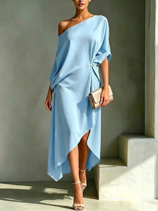 Women's Elegant Asymmetric Wedding Guest Dress - Blue